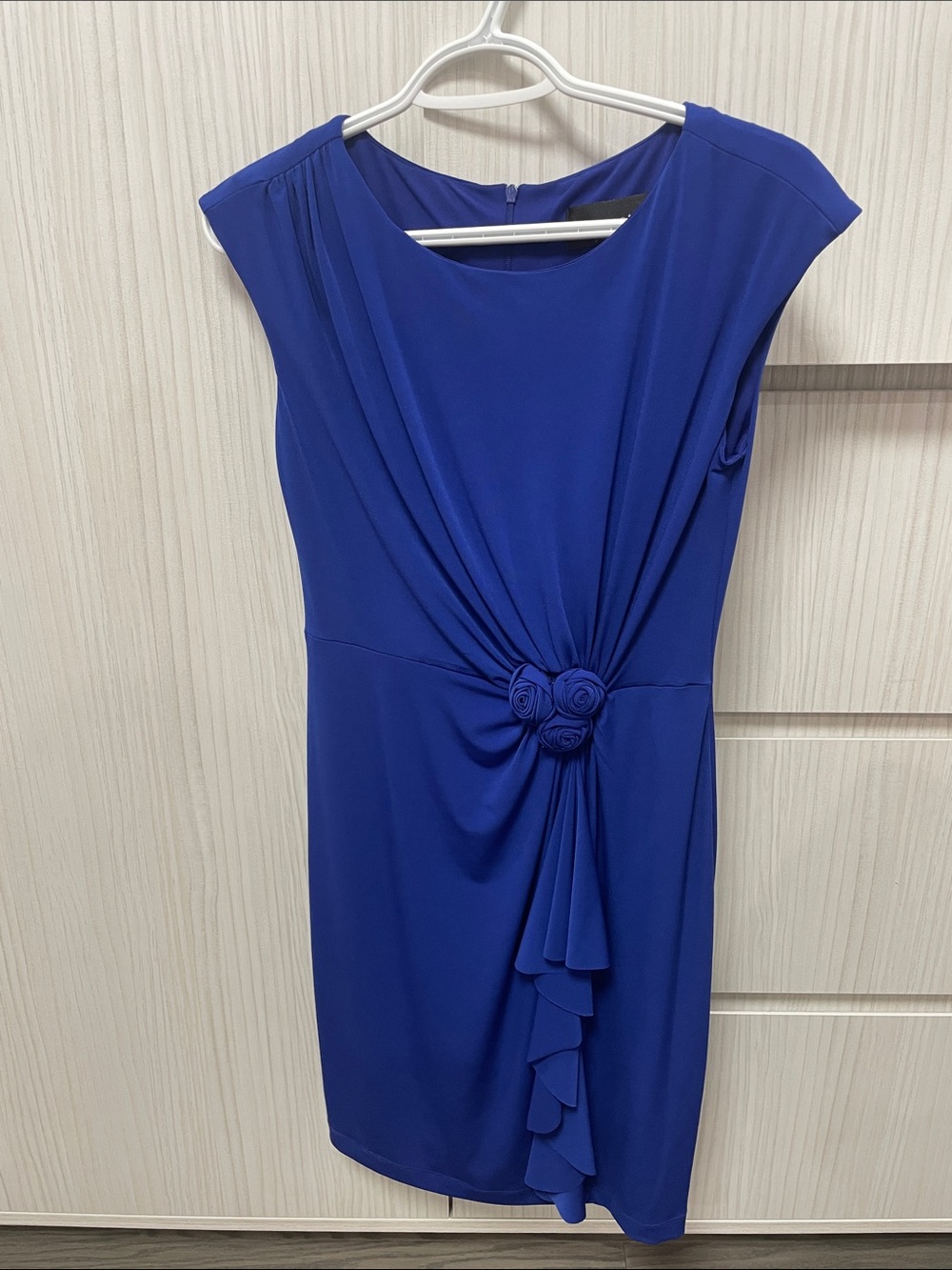 Royal Blue Draped Midi Dress with Rosette Accent